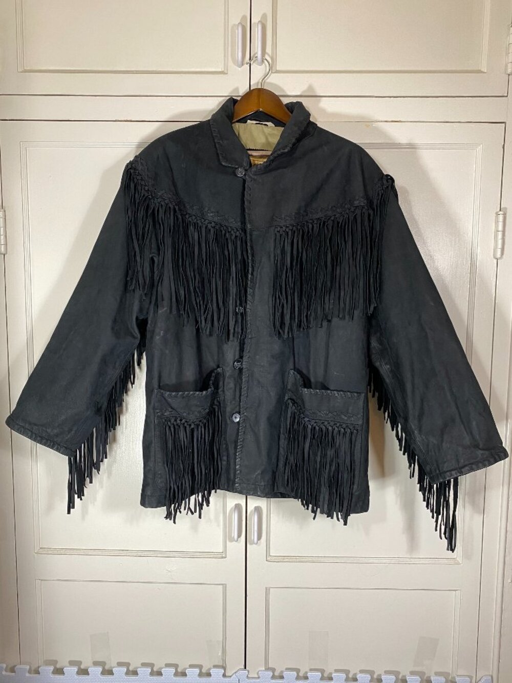 VINTAGE 90s J.O.E. Joseph Abboud Western Black Suede Leather Fringe Jacket Sz L